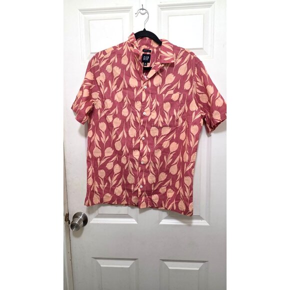 NWT GAP Men's XS Red & Beige Floral Linen Short Sleeve Button-Up Shirt With Poc - Picture 1 of 6